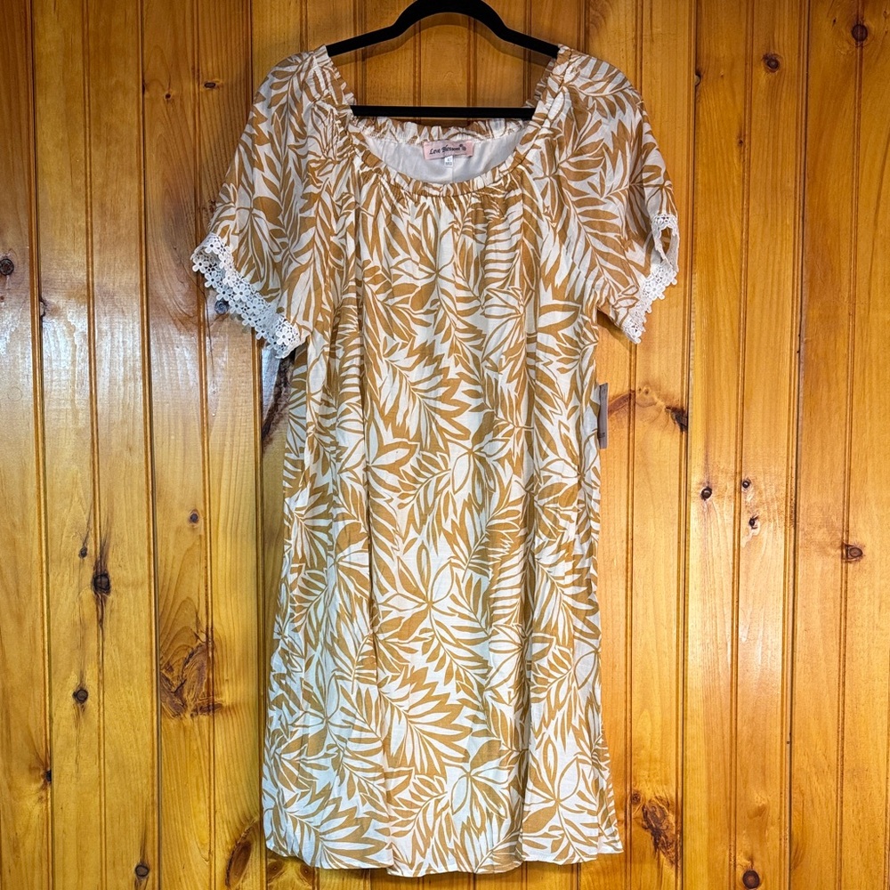 Love Blossom Elegant Tan Leaf Print Midi Dress